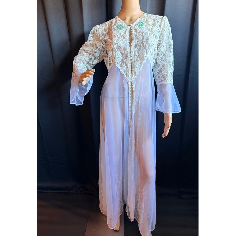 Vintage Ivory Lace Sheer Peignoir Robe Bell Sleeve USA Med Maxi Coquette Bridal